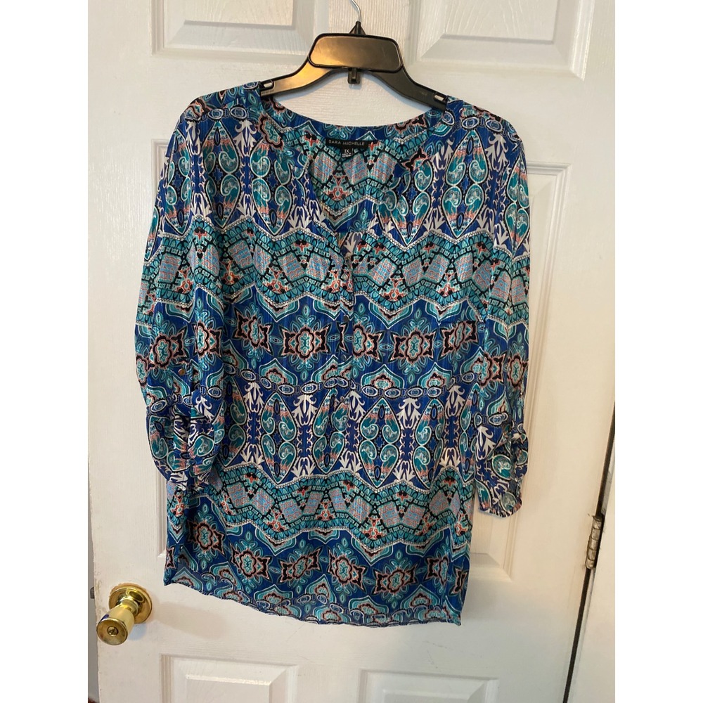 Sara Michelle Blue Teal Paisley Metallic Roll Tab Sleeve V-Neck Blouse 1X